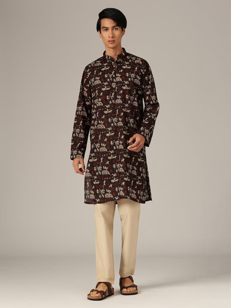 Black: Ethnic Block Printed Mandarin Collar Kurta