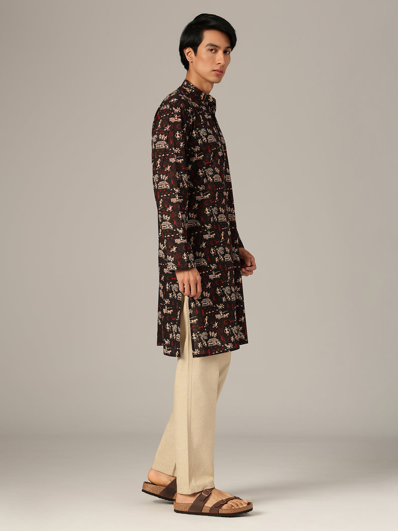 Black: Ethnic Block Printed Mandarin Collar Kurta