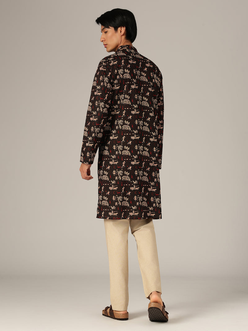 Black: Ethnic Block Printed Mandarin Collar Kurta