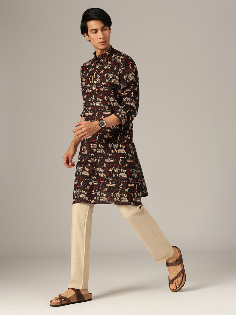 Black: Ethnic Block Printed Mandarin Collar Kurta