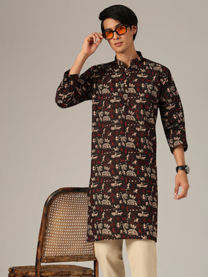 Black: Ethnic Block Printed Mandarin Collar Kurta