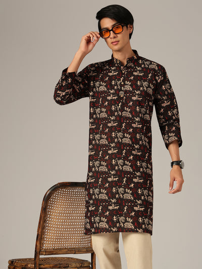 Black: Ethnic Block Printed Mandarin Collar Kurta