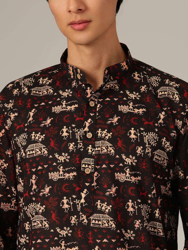 Black: Ethnic Block Printed Mandarin Collar Kurta