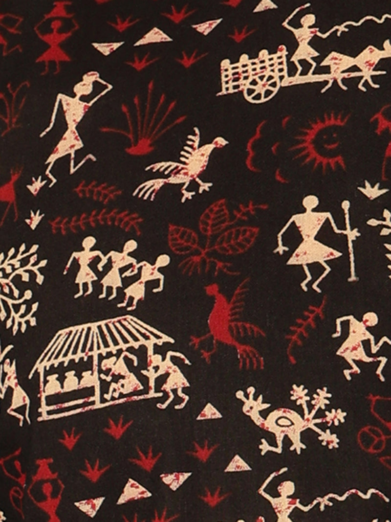 Black: Ethnic Block Printed Mandarin Collar Kurta