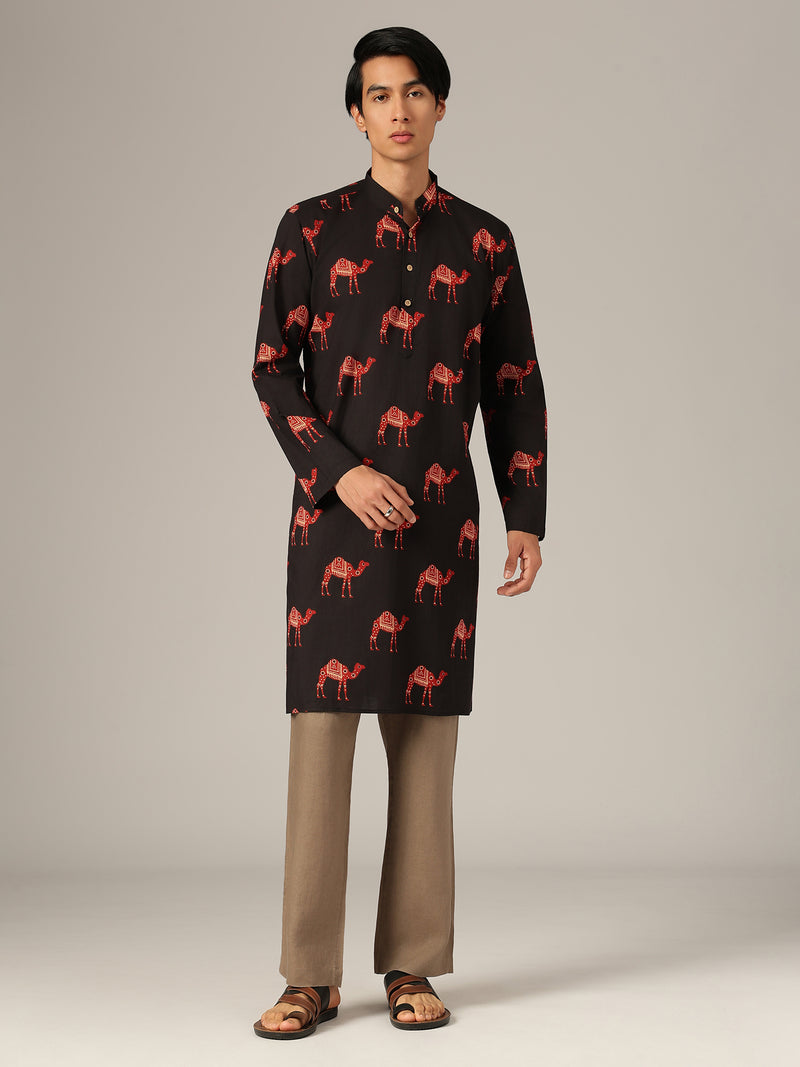 Black & Rust: Ethnic Block Printed Mandarin Collar Kurta