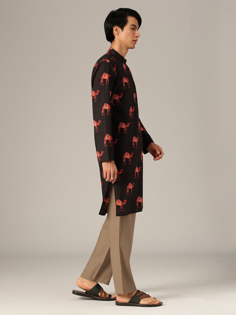 Black & Rust: Ethnic Block Printed Mandarin Collar Kurta