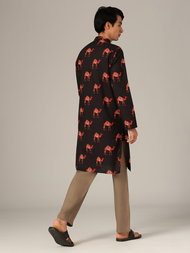 Black & Rust: Ethnic Block Printed Mandarin Collar Kurta