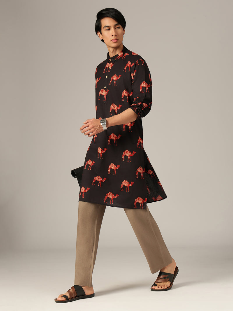 Black & Rust: Ethnic Block Printed Mandarin Collar Kurta