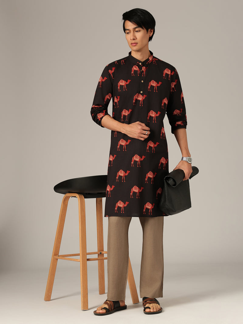 Black & Rust: Ethnic Block Printed Mandarin Collar Kurta