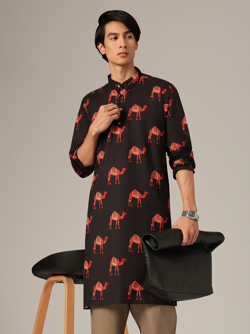 Black & Rust: Ethnic Block Printed Mandarin Collar Kurta