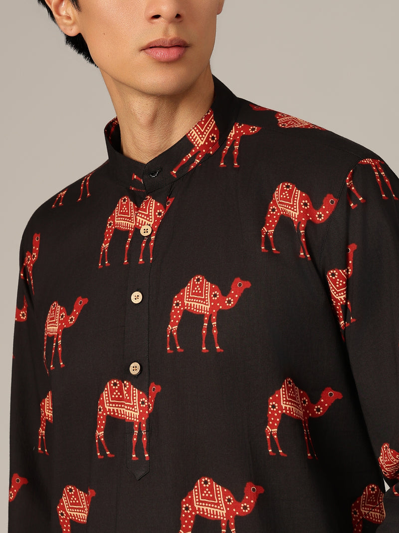 Black & Rust: Ethnic Block Printed Mandarin Collar Kurta