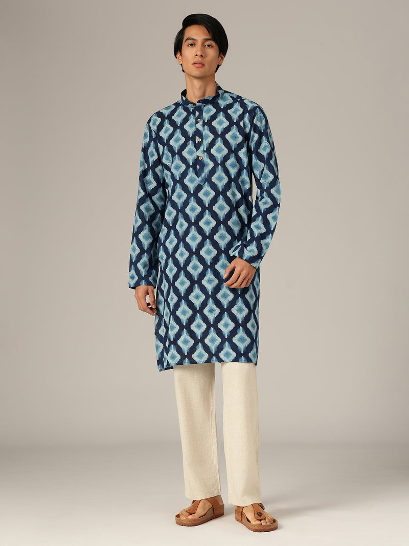 Blue: Ikat Printed Mandarin Collar Kurta