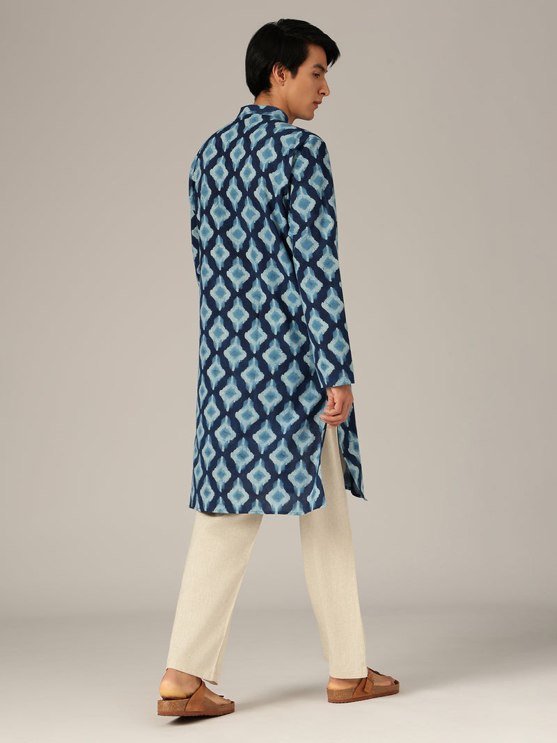 Blue: Ikat Printed Mandarin Collar Kurta