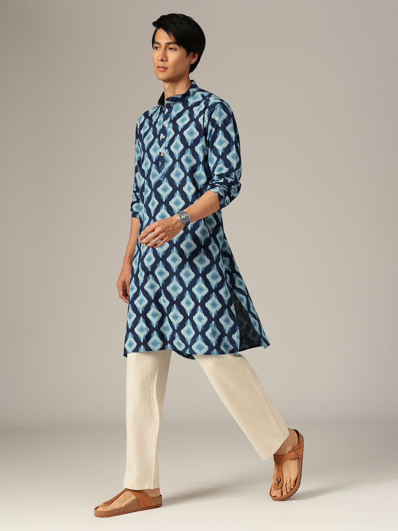 Blue: Ikat Printed Mandarin Collar Kurta