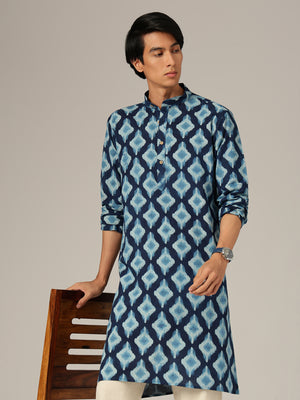 Blue: Ikat Printed Mandarin Collar Kurta