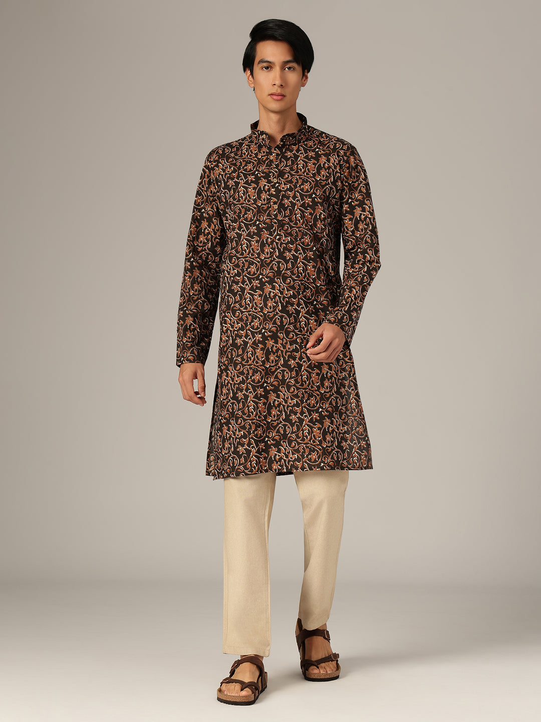 Dennison men's black and brown kalamkari block printed sustainable mandarin collar kurta front view