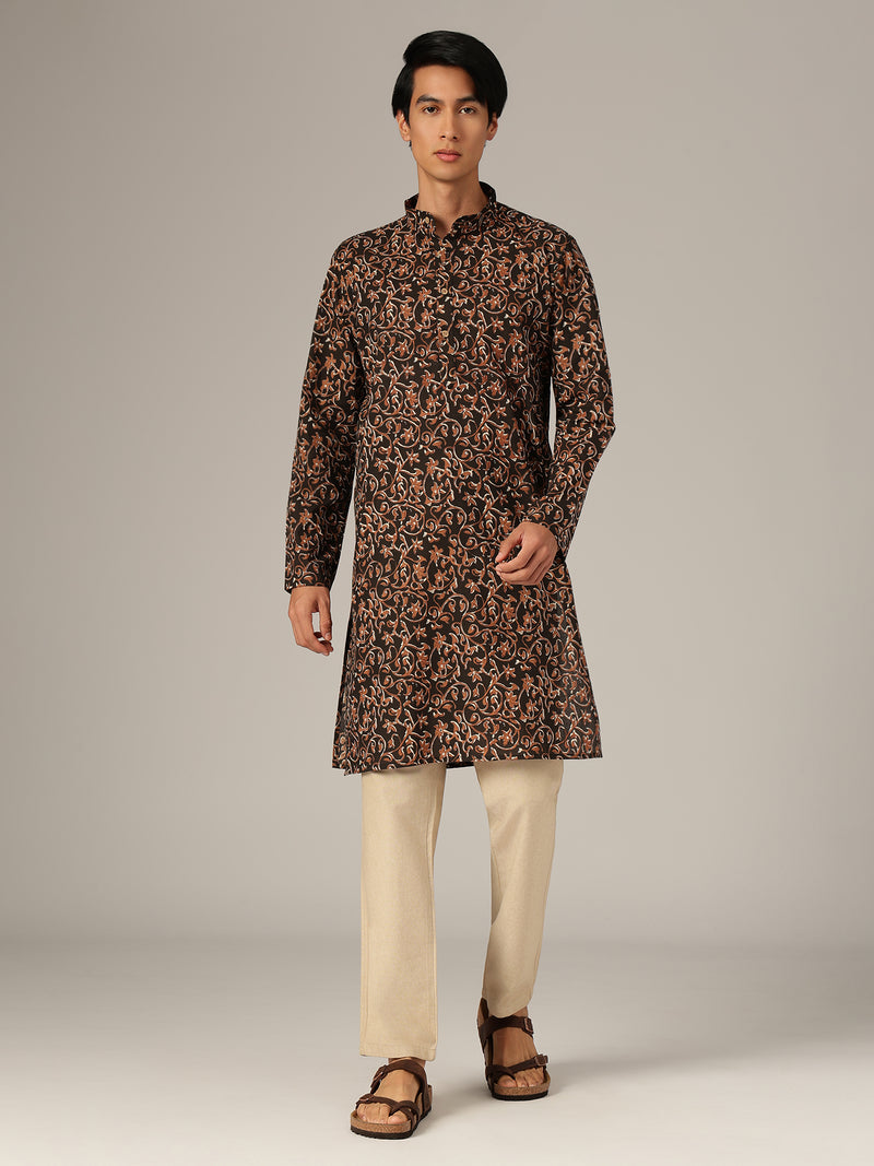 Dennison men's black and brown kalamkari block printed sustainable mandarin collar kurta front view