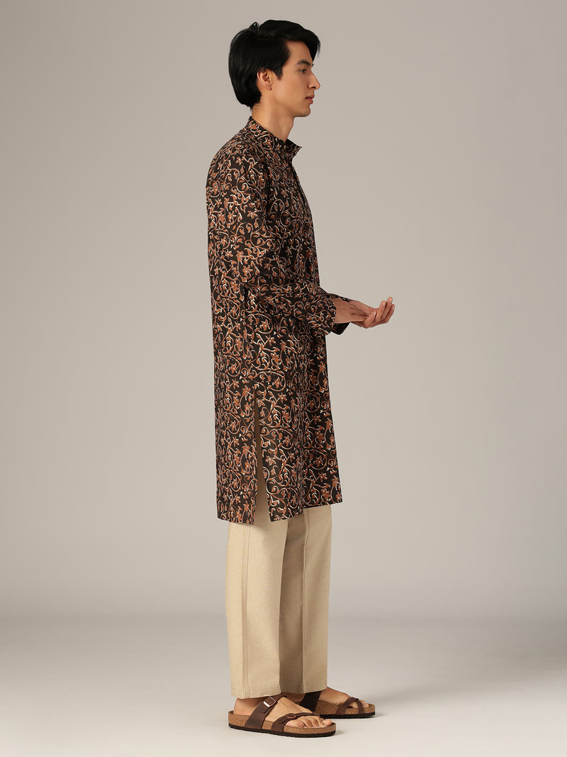 Brown Kalamkari Mandarin Collar Kurta