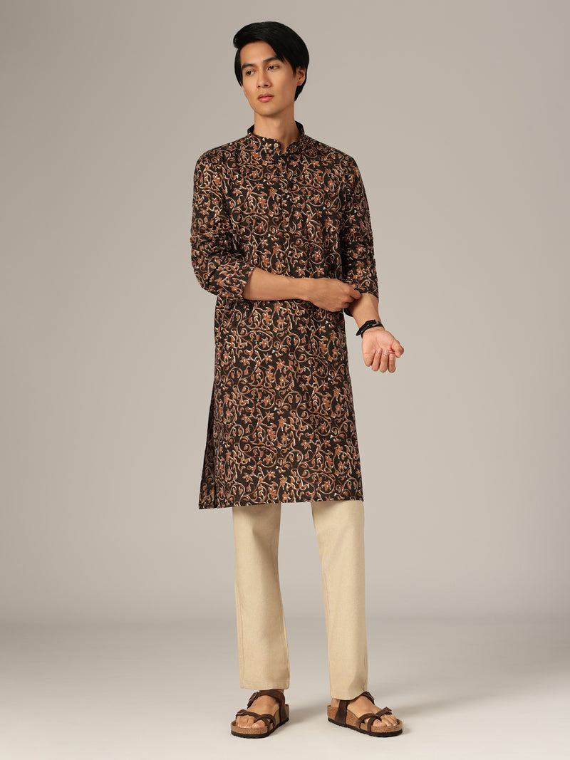 Brown Kalamkari Mandarin Collar Kurta
