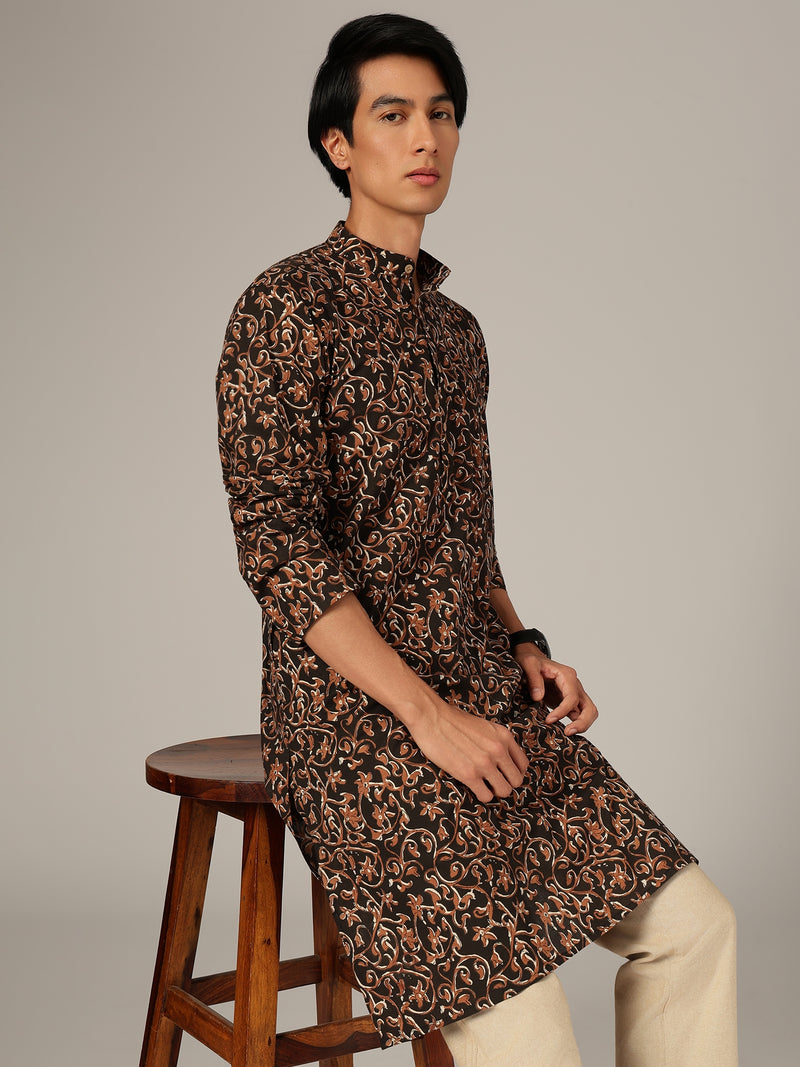 Brown Kalamkari Mandarin Collar Kurta