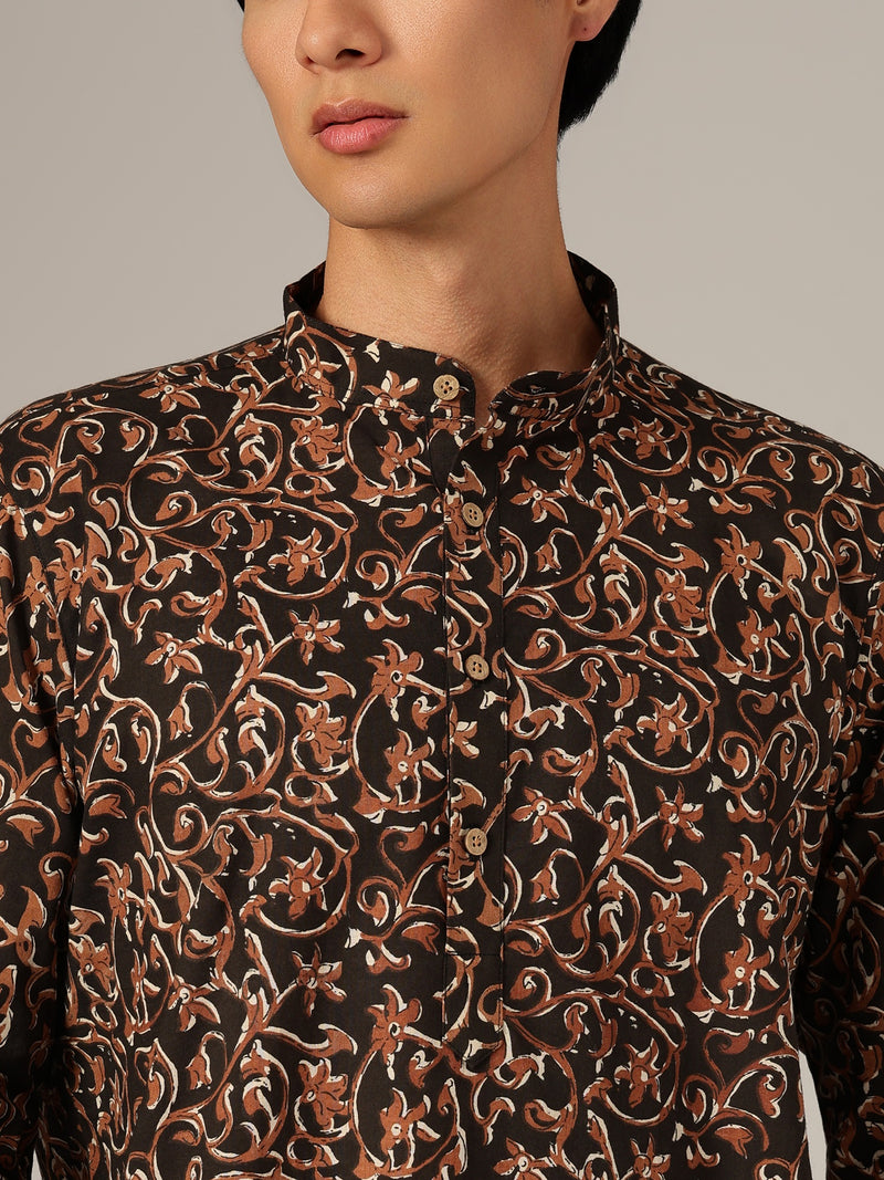 Brown Kalamkari Mandarin Collar Kurta