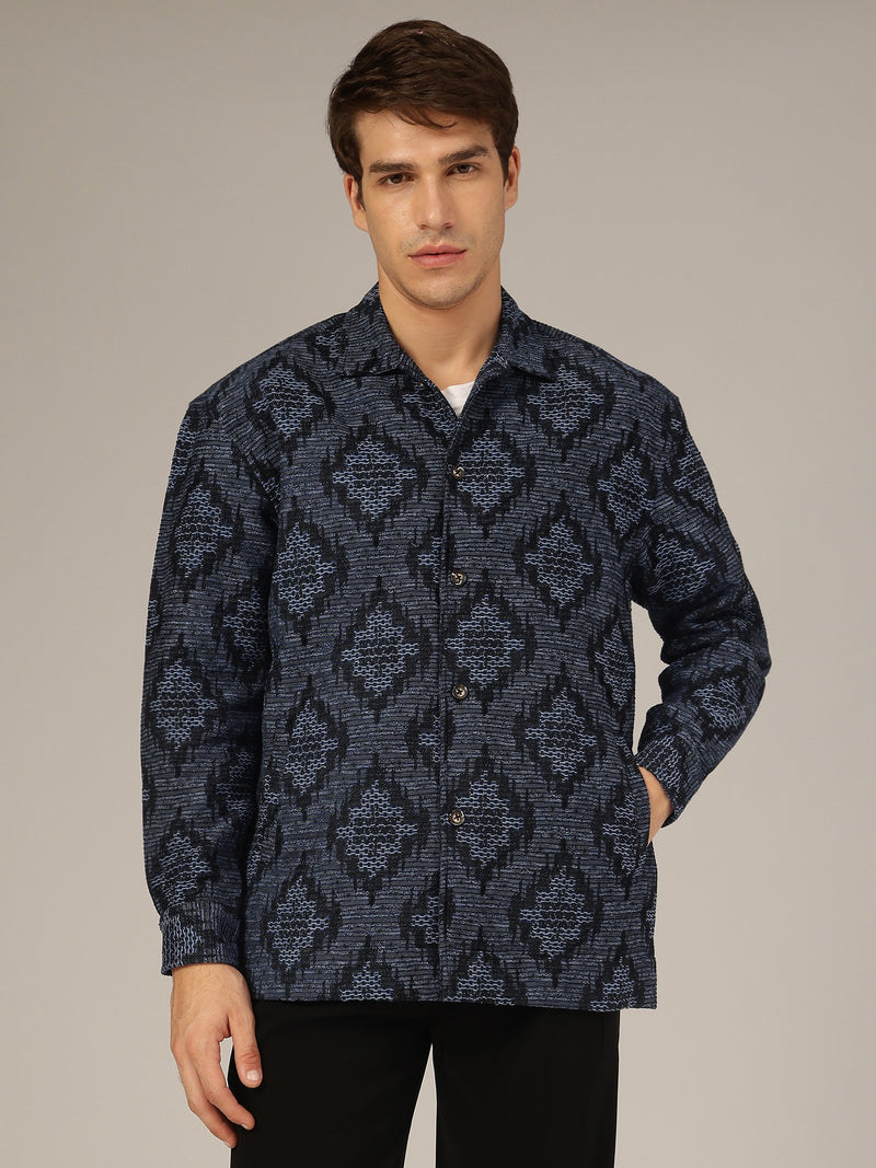 Blue: Jacquard Printed Oversized Drop-Shoulder Shacket