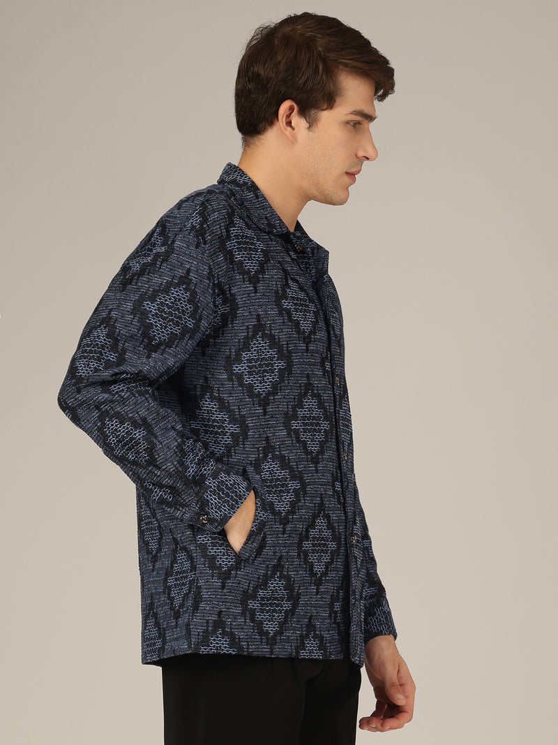 Blue: Jacquard Printed Oversized Drop-Shoulder Shacket