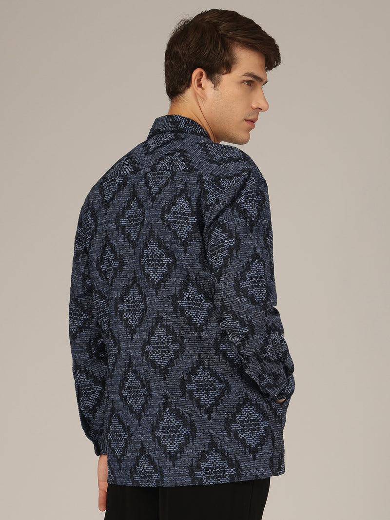 Blue: Jacquard Printed Oversized Drop-Shoulder Shacket