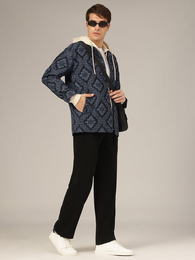 Blue: Jacquard Printed Oversized Drop-Shoulder Shacket