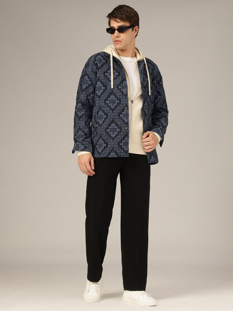 Blue: Jacquard Printed Oversized Drop-Shoulder Shacket