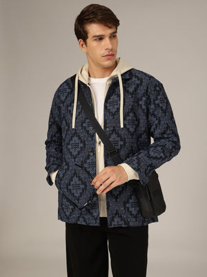 Blue: Jacquard Printed Oversized Drop-Shoulder Shacket