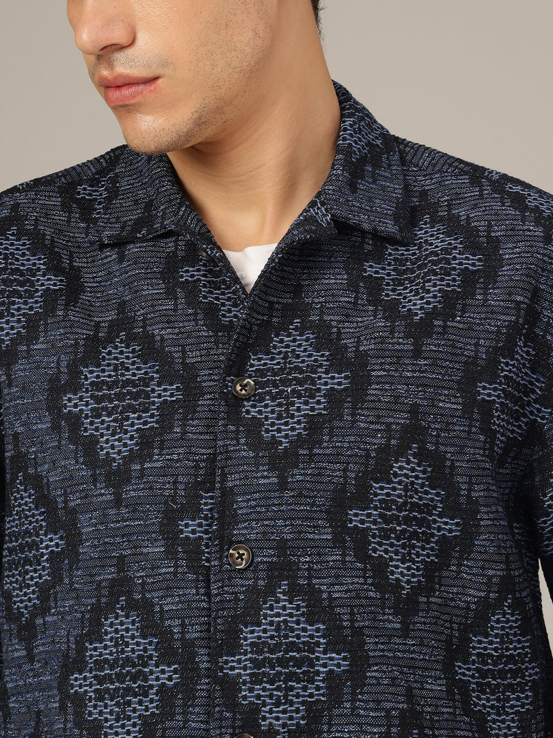 Blue: Jacquard Printed Oversized Drop-Shoulder Shacket