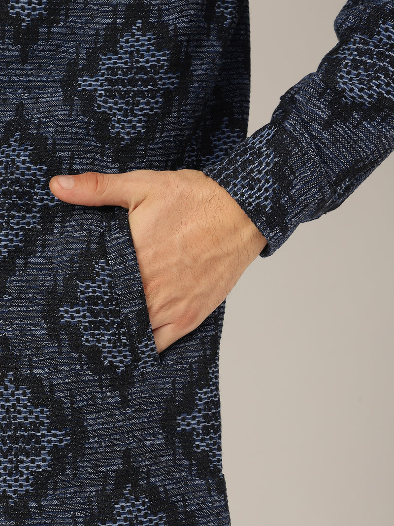 Blue: Jacquard Printed Oversized Drop-Shoulder Shacket