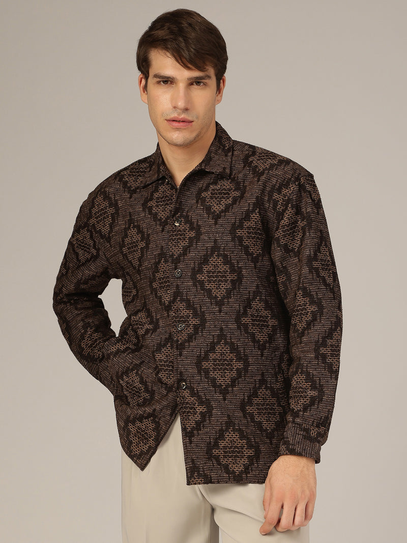 Brown: Jacquard Printed Oversized Drop-Shoulder Shacket