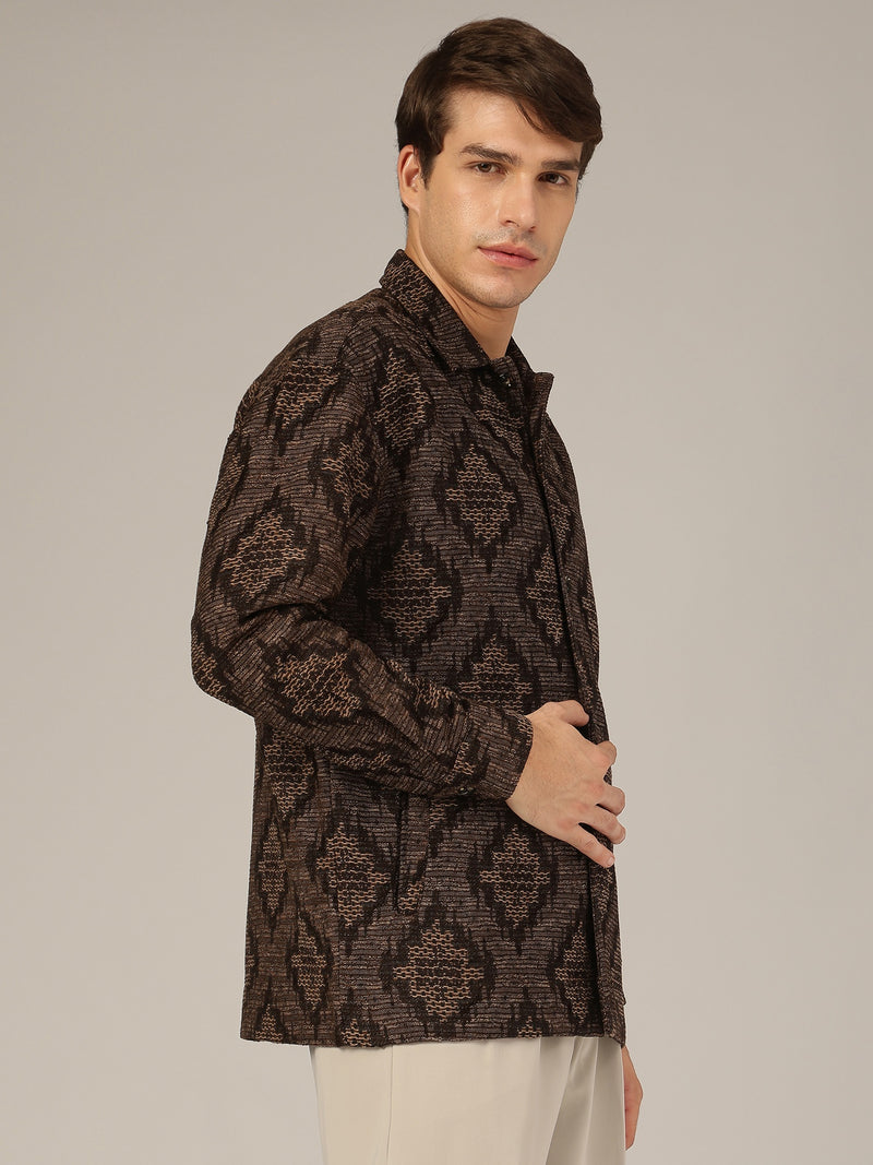 Brown: Jacquard Printed Oversized Drop-Shoulder Shacket