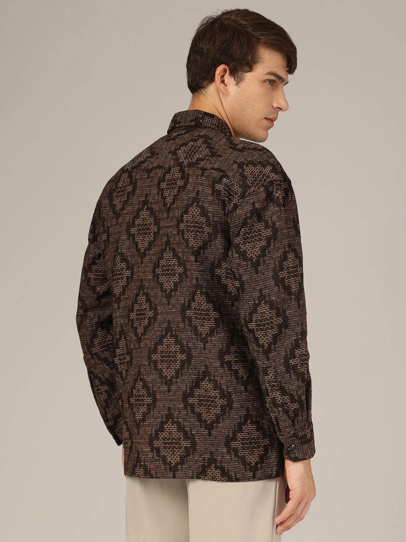 Brown: Jacquard Printed Oversized Drop-Shoulder Shacket
