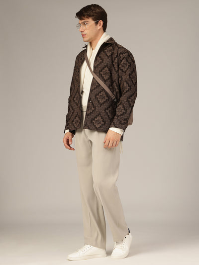 Brown: Jacquard Printed Oversized Drop-Shoulder Shacket