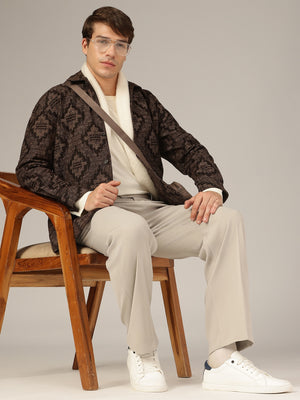 Brown: Jacquard Printed Oversized Drop-Shoulder Shacket