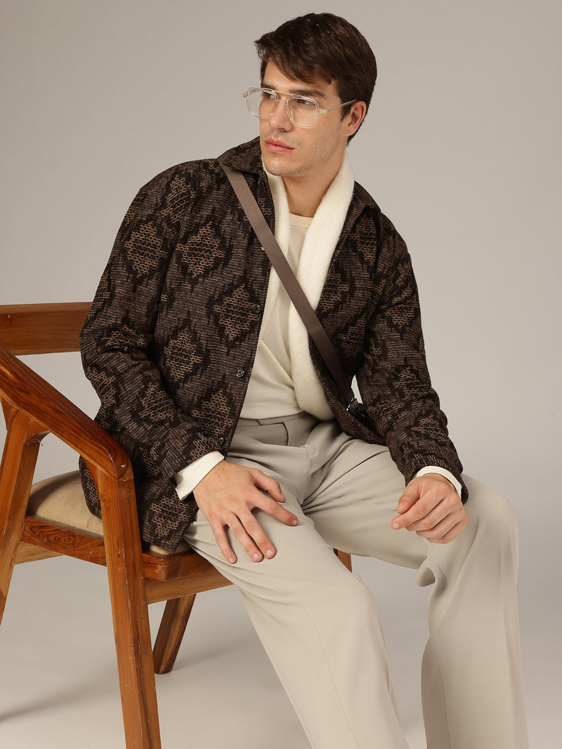 Brown: Jacquard Printed Oversized Drop-Shoulder Shacket