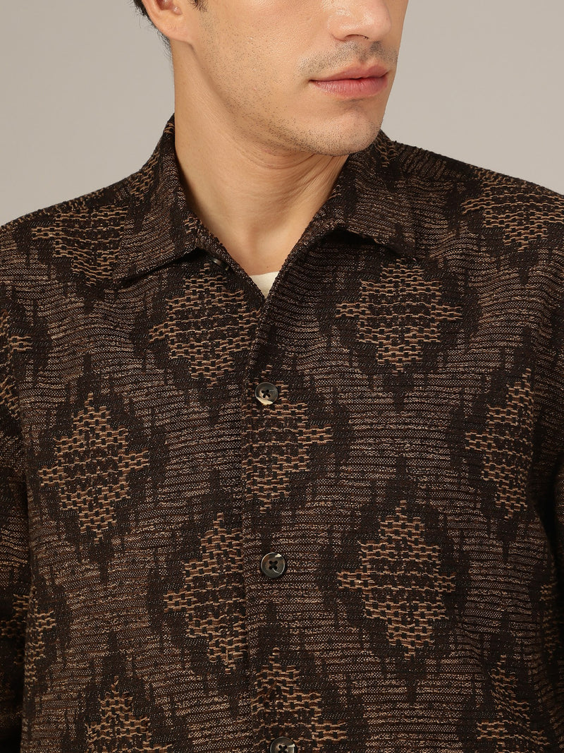 Brown: Jacquard Printed Oversized Drop-Shoulder Shacket