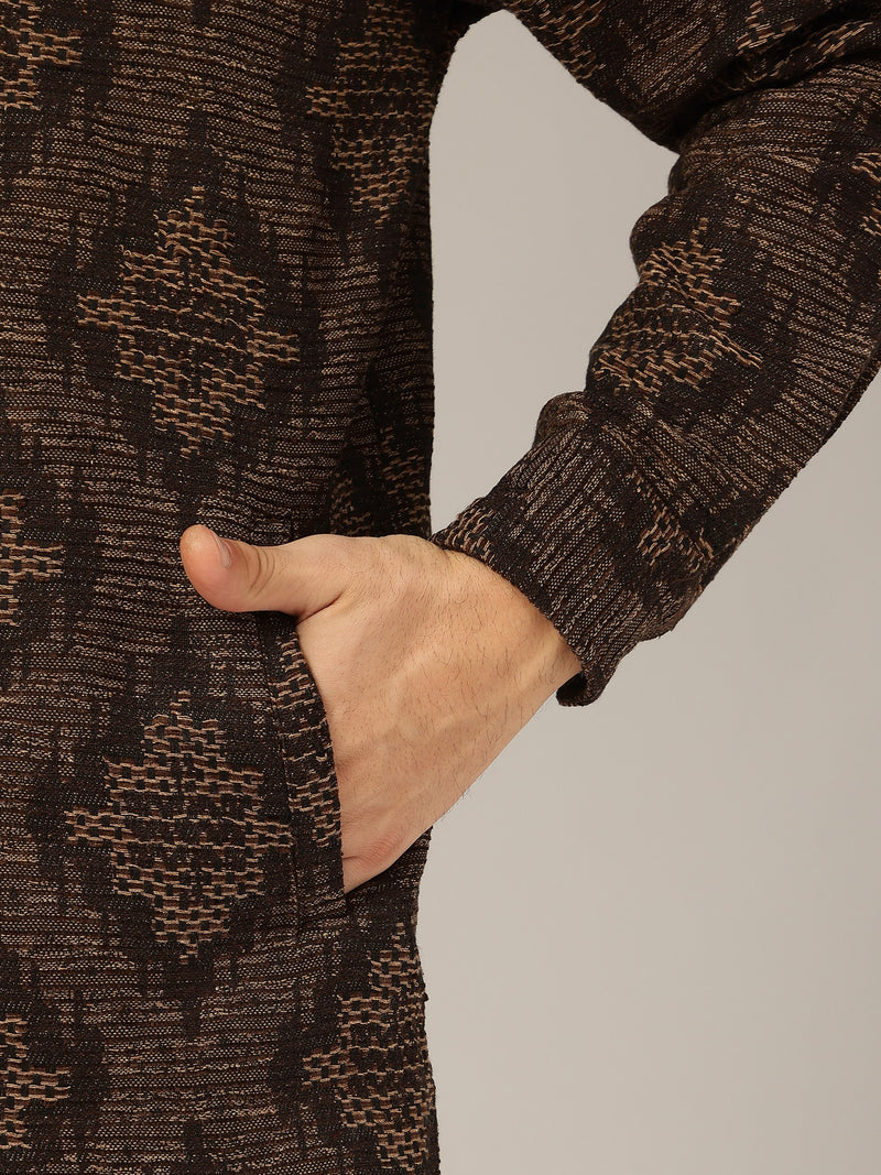 Brown: Jacquard Printed Oversized Drop-Shoulder Shacket