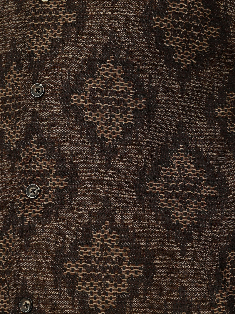 Brown: Jacquard Printed Oversized Drop-Shoulder Shacket
