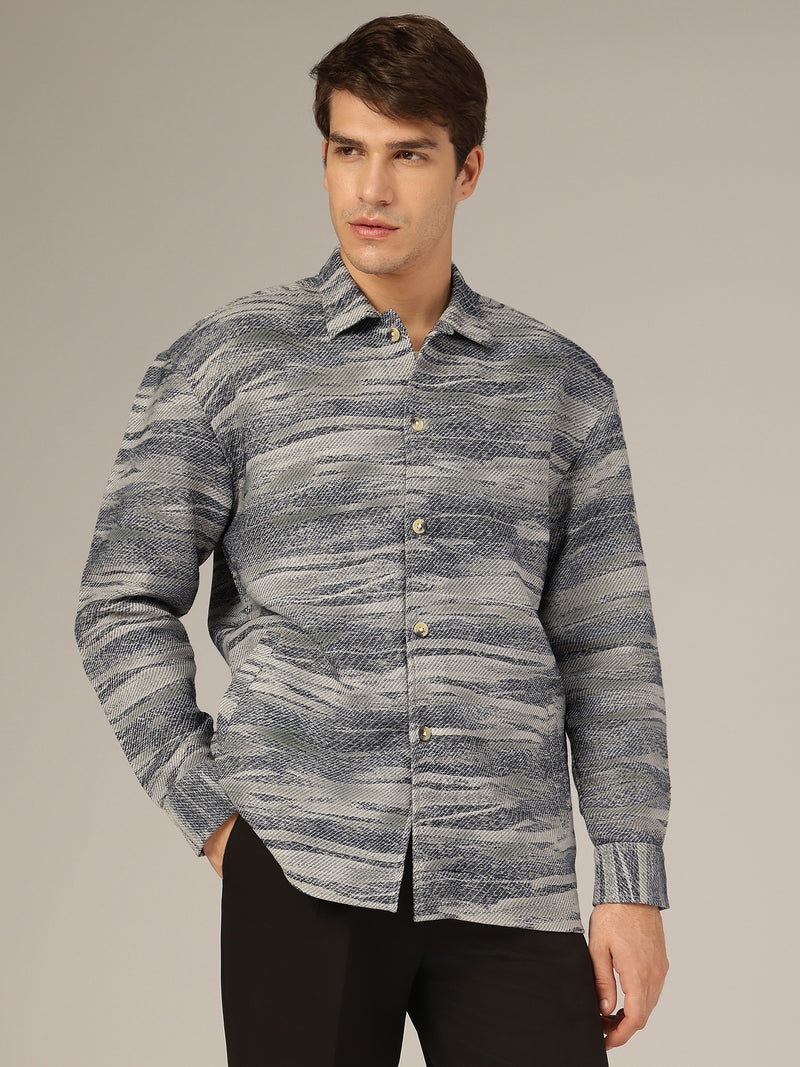 Grey & Blue: Jacquard Printed Oversized Drop-Shoulder Shacket