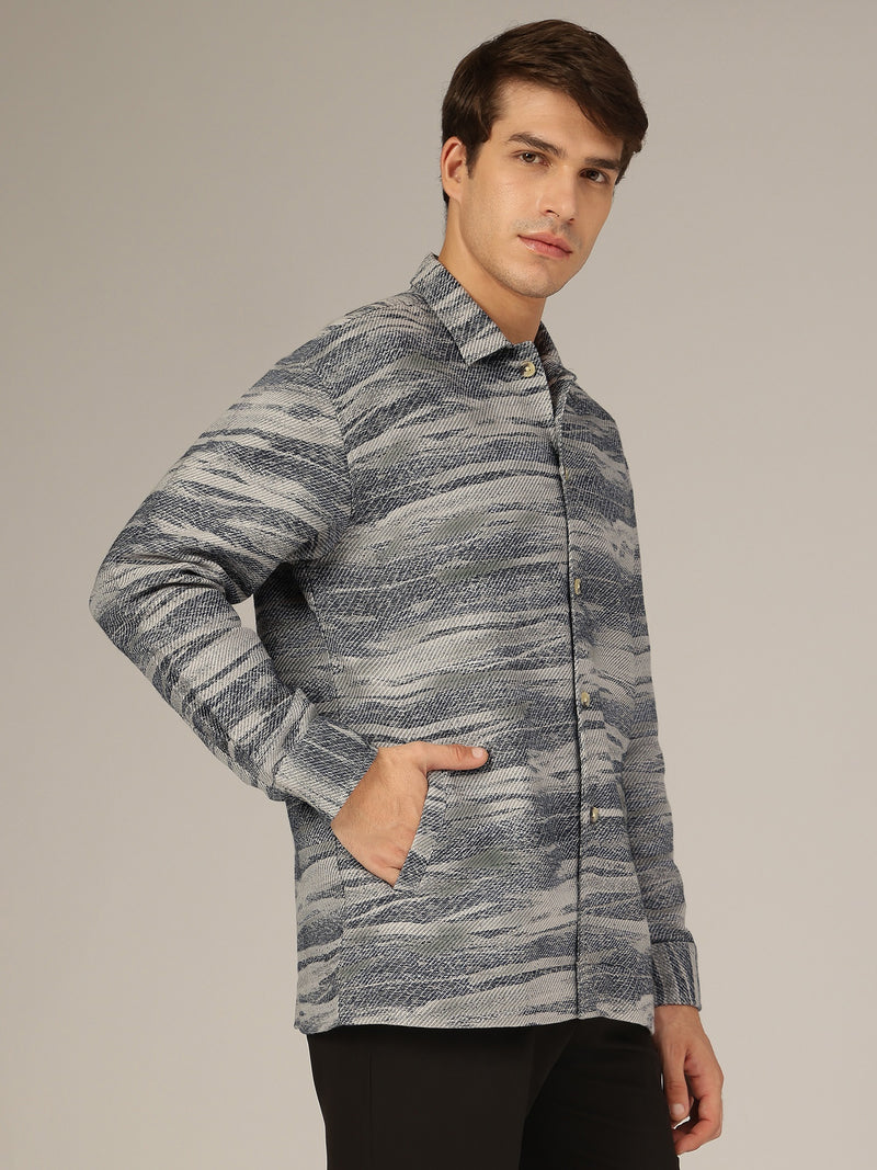 Grey & Blue: Jacquard Printed Oversized Drop-Shoulder Shacket
