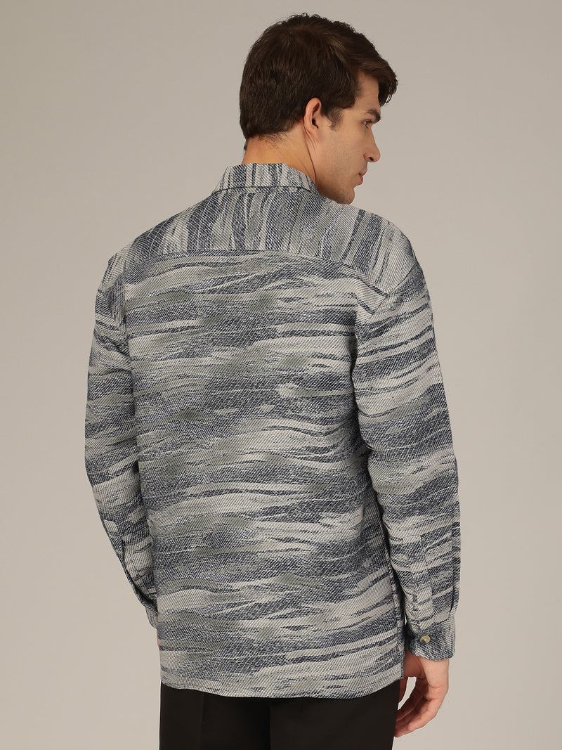 Grey & Blue: Jacquard Printed Oversized Drop-Shoulder Shacket