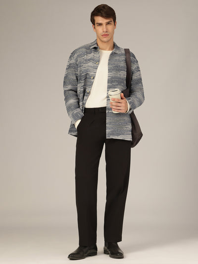 Grey & Blue: Jacquard Printed Oversized Drop-Shoulder Shacket