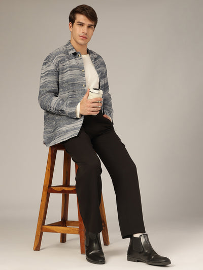 Grey & Blue: Jacquard Printed Oversized Drop-Shoulder Shacket