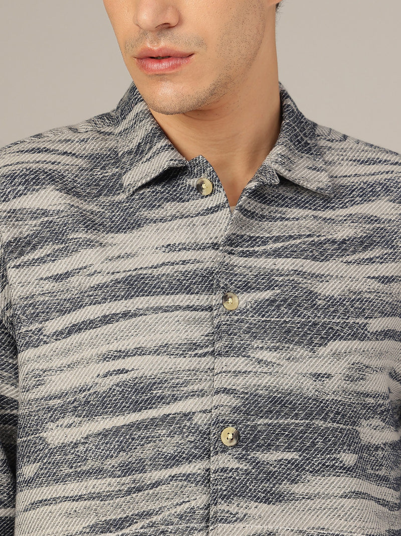Grey & Blue: Jacquard Printed Oversized Drop-Shoulder Shacket