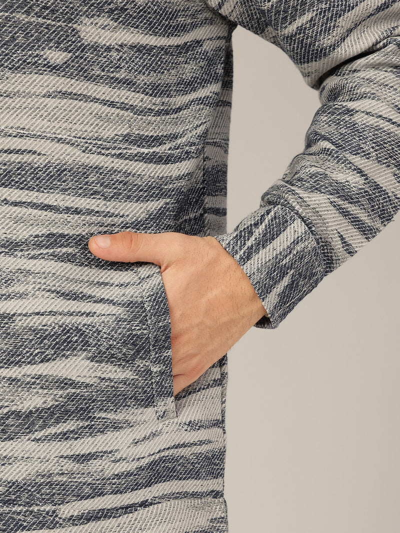 Grey & Blue: Jacquard Printed Oversized Drop-Shoulder Shacket