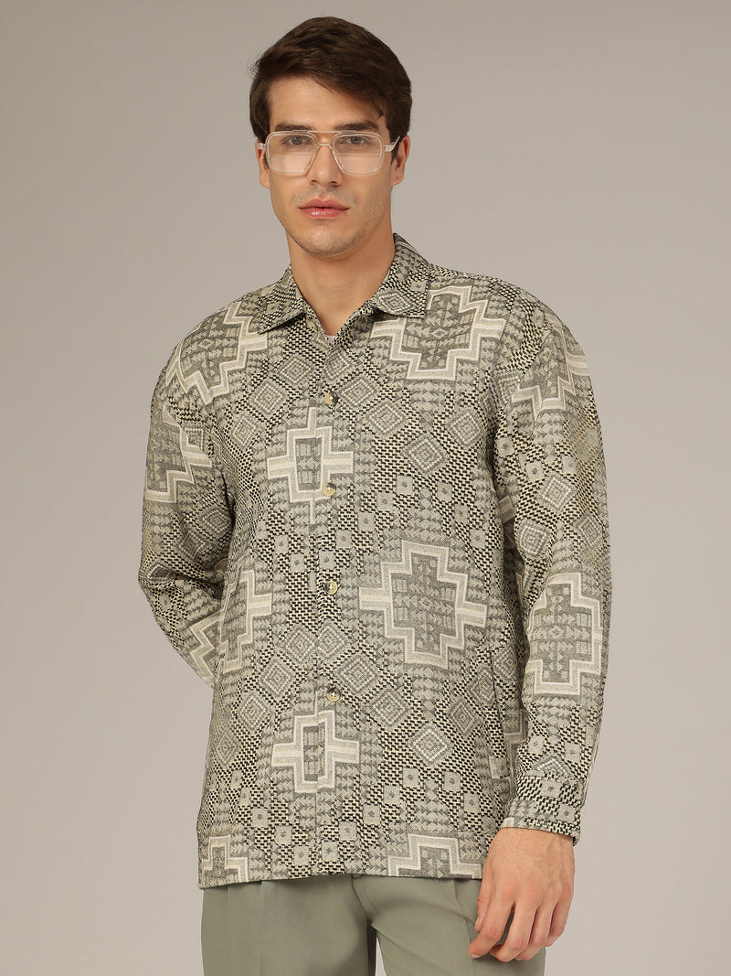 Cream & Olive: Jacquard Printed Oversized Drop-Shoulder Shacket